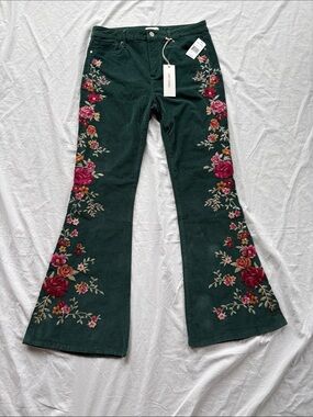 Driftwood Farrah Floral Embroidered Corduroy Flare Jeans Womens Size 30 x 32
